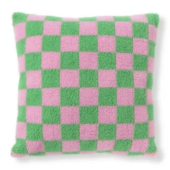 Xenos Kussen geblokt - roze/groen - 45x45 cm- Kussens