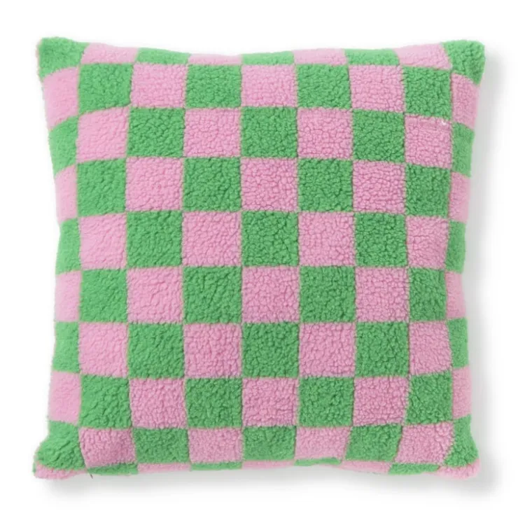 Xenos Kussen geblokt - roze/groen - 45x45 cm- Kussens
