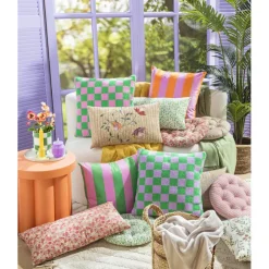 Xenos Kussen geblokt - roze/groen - 45x45 cm- Kussens