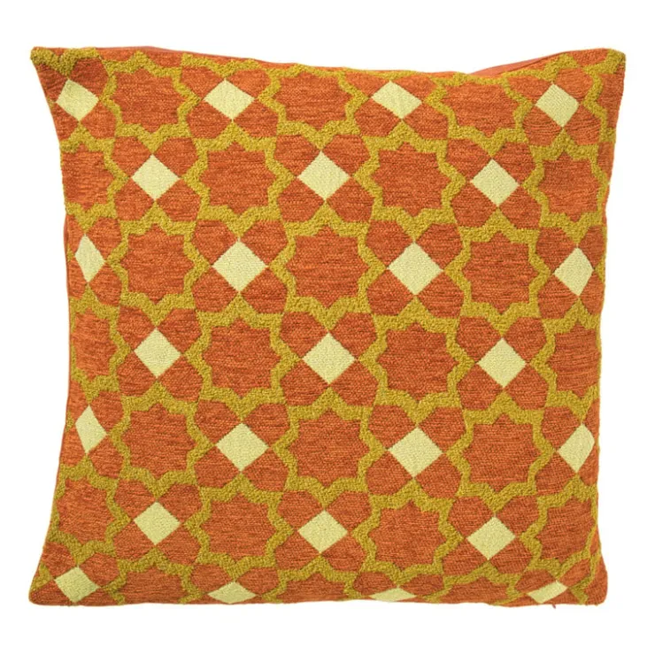 Xenos Kussen jacquard bloemen - oranje - 45x45 cm- Kussens