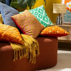 Xenos Kussen jacquard bloemen - oranje - 45x45 cm- Kussens