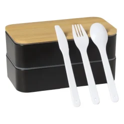 Xenos Lunchbox dubbel - zwart - 9.5x18.5x10.5 cm- Broodtrommels