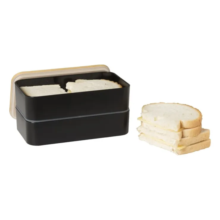 Xenos Lunchbox dubbel - zwart - 9.5x18.5x10.5 cm- Broodtrommels