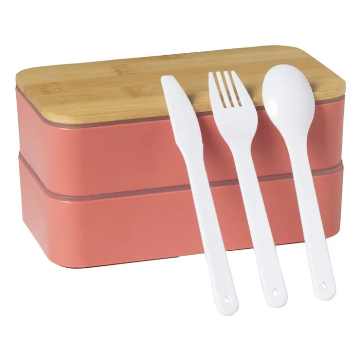 Xenos Lunchbox dubbel met bestek - oranje - 700 ml- Broodtrommels