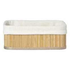 Xenos Mand bamboe met teddy - 10x27x21 cm - naturel/wit- Manden|Manden