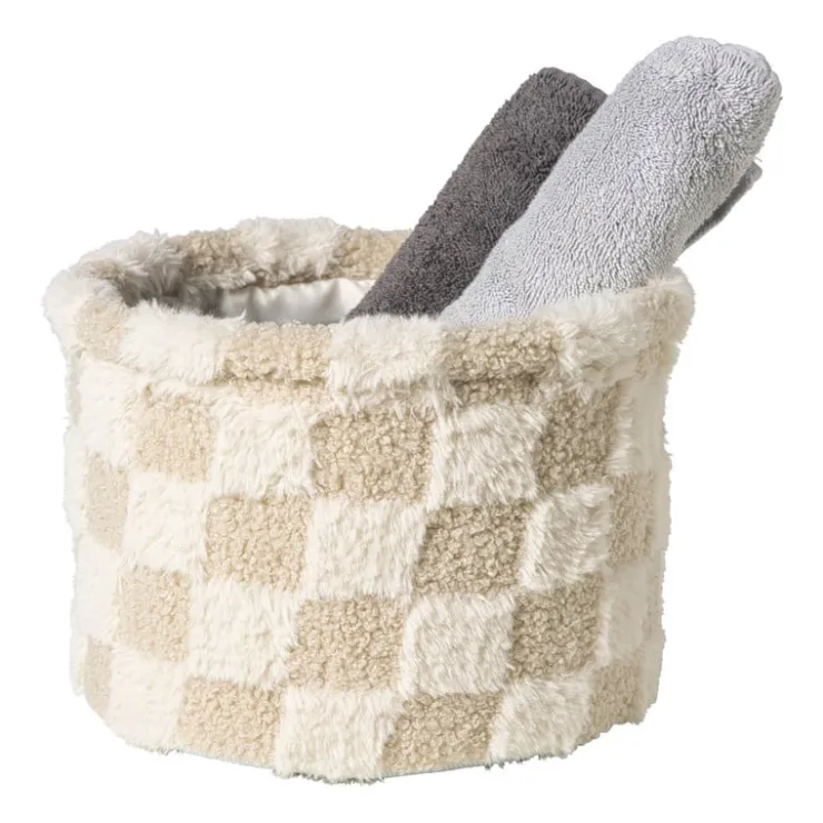 Xenos Mand geruit rond maat L - beige - ø22x16 cm- Manden|Manden