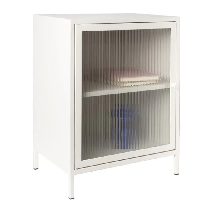 Xenos Nachtkastje Luca met geribbeld glazen deurtje - offwhite - 55.5x40x32 cm- Nachtkastjes