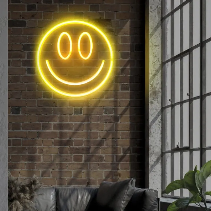 Xenos Neon LED lamp smiley - geel - ø33x2 cm- Kerstcadeaus|Led Lampen