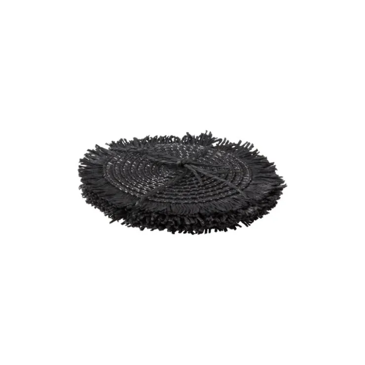 Xenos Onderzetters franje zwart - set van 4 - ø10 cm- Onderzetters