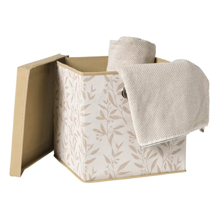 Xenos Opbergdoos met deksel leafs - bruin/beige - 30x30x30 cm- Opbergboxen