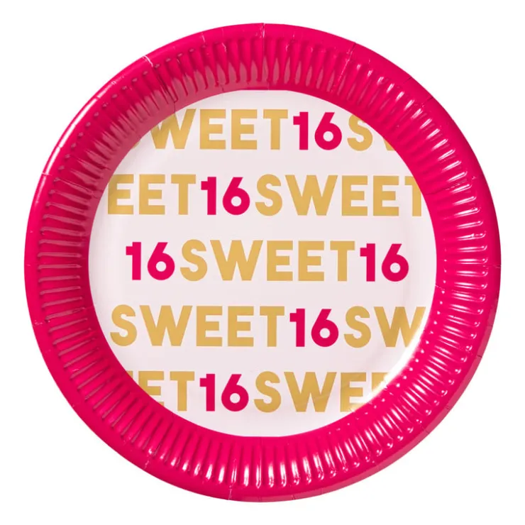 Xenos Papieren bordjes 16 jaar - roze - set van 8- Wegwerpservies|Verjaardagen