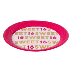 Xenos Papieren bordjes 16 jaar - roze - set van 8- Wegwerpservies|Verjaardagen