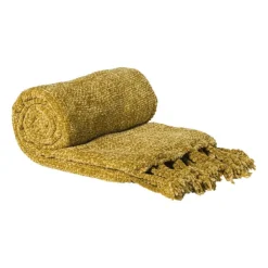 Xenos Plaid chenille met kwastjes Mieke - geel - 170x130 cm- Plaids
