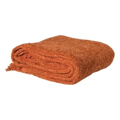 Xenos Plaid chenille met kwastjes Marianne - oranje - 170x130 cm- Plaids