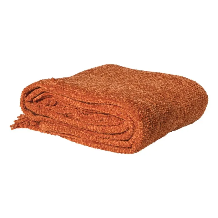 Xenos Plaid chenille met kwastjes Marianne - oranje - 170x130 cm- Plaids