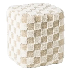 Xenos Poef checks - beige - 38x35x35 cm- Poefjes