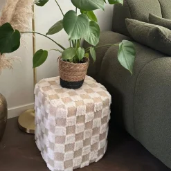 Xenos Poef checks - beige - 38x35x35 cm- Poefjes