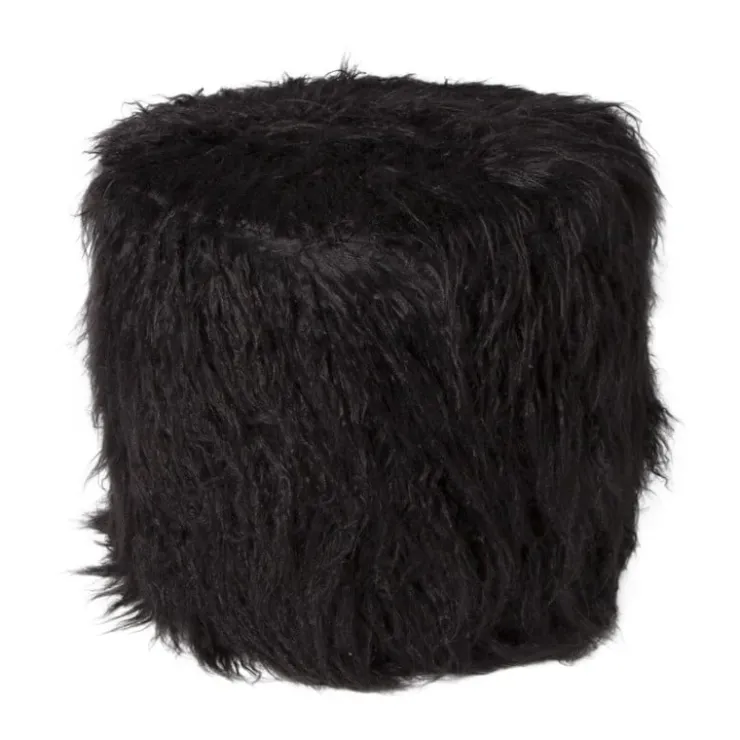 Xenos Poef fluffy - zwart - 38x42x42 cm- Poefjes