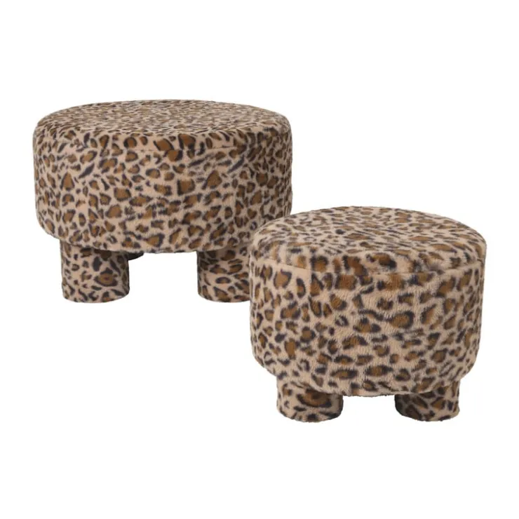Xenos Poef luipaard - bruin/beige - ø40x29 cm- Poefjes