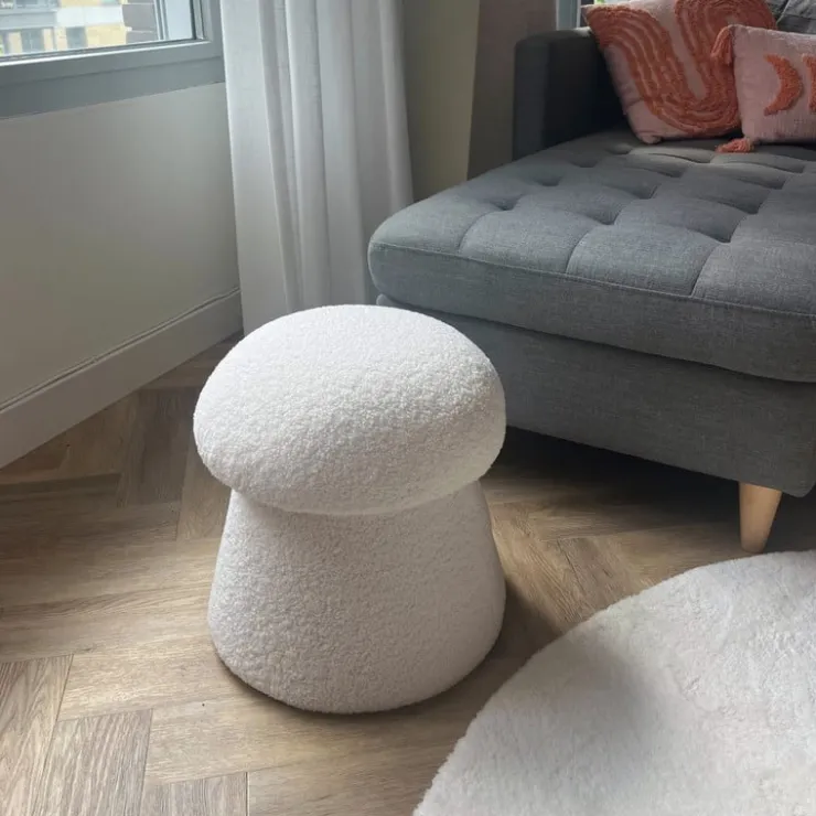 Xenos Poef Teddy Mushroom - wit - ø36x38 cm- Poefjes