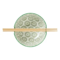 Xenos Schaaltje met eetstokjes - groen/wit - ø14.7x9 cm- Sushi Servies|Schalen
