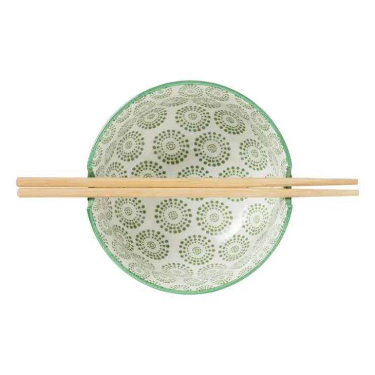 Xenos Schaaltje met eetstokjes - groen/wit - ø14.7x9 cm- Sushi Servies|Schalen