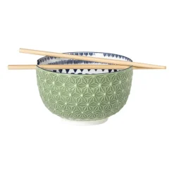 Xenos Schaaltje met eetstokjes Axel - groen/blauw - ø15x9 cm- Sushi|Schalen