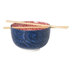 Xenos Schaaltje met eetstokjes Amber - blauw/rood - Ćø15x9 cm- Sushi|Schalen