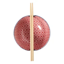Xenos Schaaltje met eetstokjes Amber - blauw/rood - ø15x9 cm- Sushi|Schalen