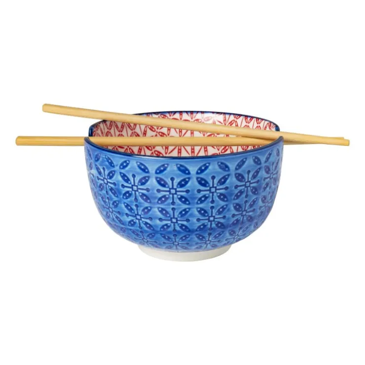Xenos Schaaltje met eetstokjes - blauw/rood - ø14.7x9 cm- Sushi Servies|Schalen