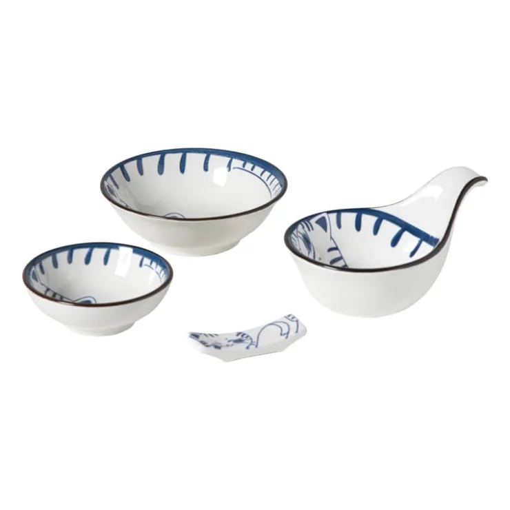 Xenos Schaaltje Mico met handvat kat - blauw/wit - 3x8x12.5 cm- Sushi Servies|Schalen