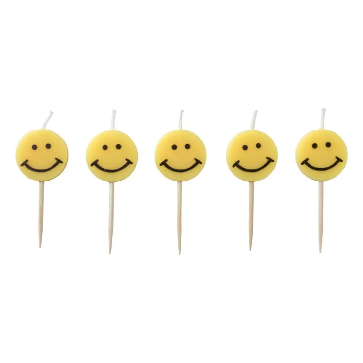Xenos Taartkaarsjes smiley - set van 5 - ø10x2.5 cm- Taartkaarsjes