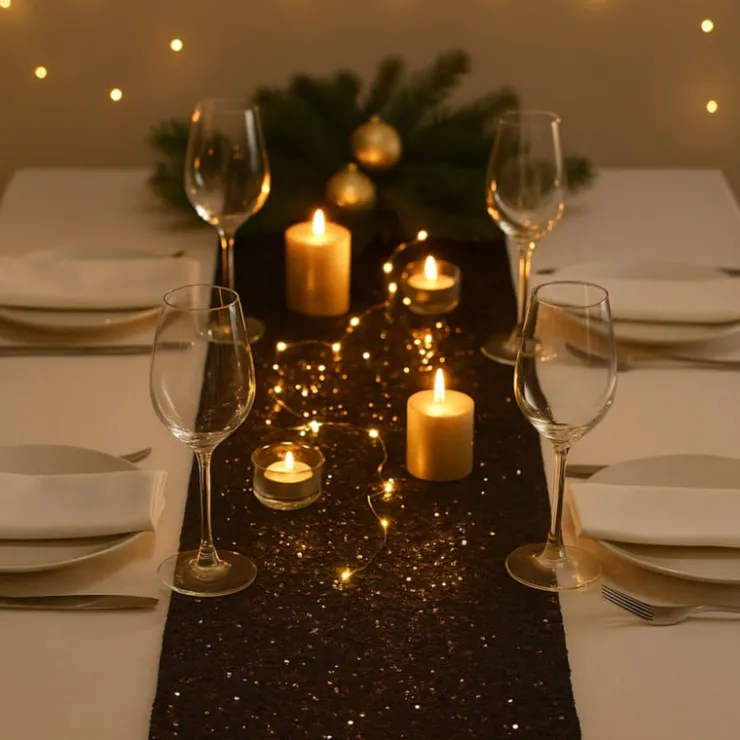 Xenos Tafelloper pailletten - koperkleur - 40x150 cm- Kersttafelkleden