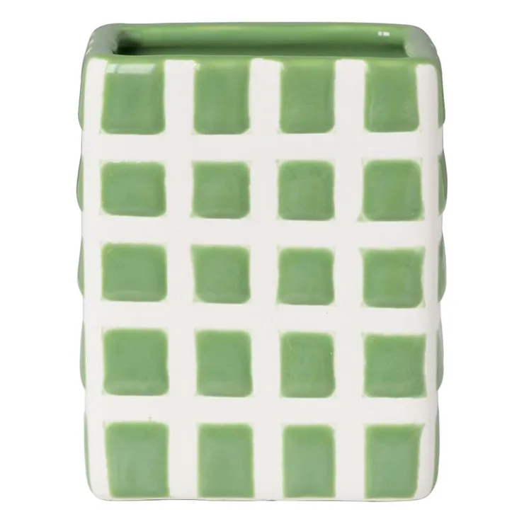 Xenos Tandenborstel beker blokjes - groen/wit - 8.8x7x7 cm- Tandenborstelbekers|Badkamer Accessoires