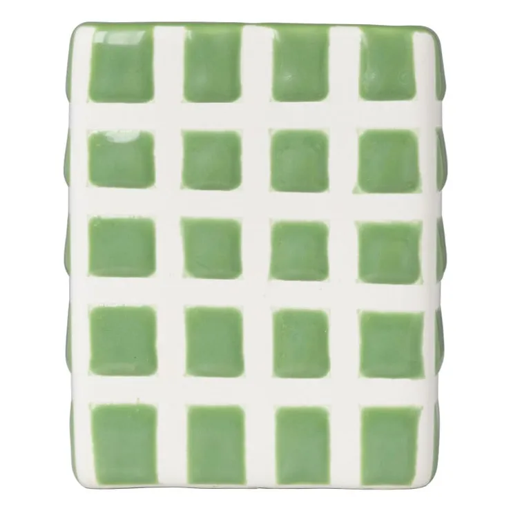 Xenos Tandenborstel beker blokjes - groen/wit - 8.8x7x7 cm- Tandenborstelbekers|Badkamer Accessoires