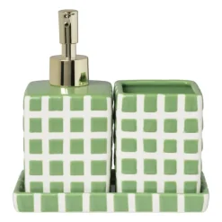 Xenos Tandenborstel beker blokjes - groen/wit - 8.8x7x7 cm- Tandenborstelbekers|Badkamer Accessoires