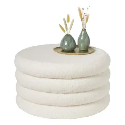 Xenos Teddy poef gelaagd xl - wit - ø55x32 cm- Poefjes