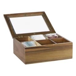 Xenos Theedoos acacia - bruin - 6 vakken- Theedozen|Kerstcadeaus
