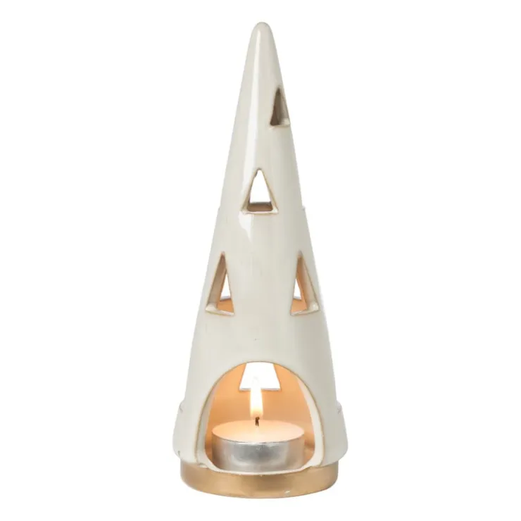 Xenos Theelichthouder kerstboom - beige - ø7x19 cm- Kerstverlichting|Kleine Kerstbomen