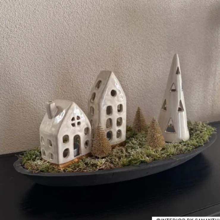 Xenos Theelichthouder kerstboom - beige - ø7x19 cm- Kerstverlichting|Kleine Kerstbomen