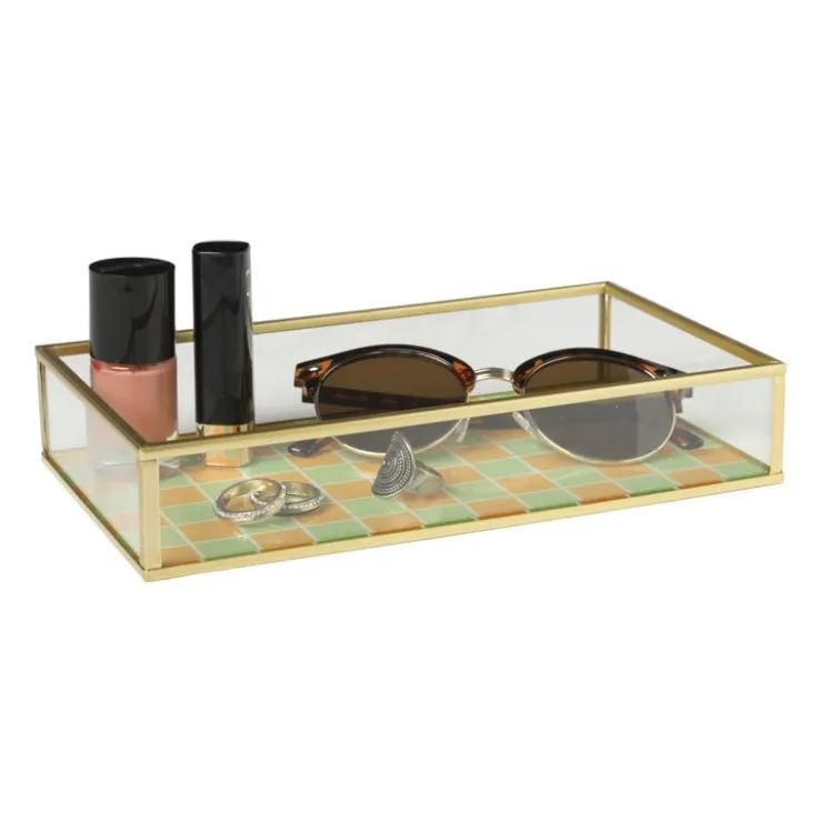 Xenos Tray goud met blokjes groot - goud/oranje/groen- Sieraden Opbergen
