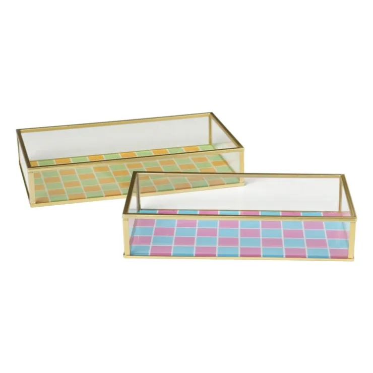 Xenos Tray goud met blokjes groot - goud/oranje/groen- Sieraden Opbergen