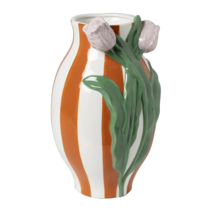 Xenos Vaas gestreept met tulp - oranje/groen/roze - ø15.6x28.5 cm- Vazen|Vazen