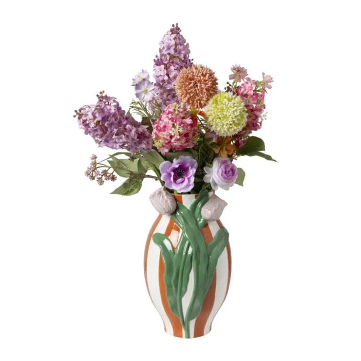 Xenos Vaas gestreept met tulp - oranje/groen/roze - ø15.6x28.5 cm- Vazen|Vazen