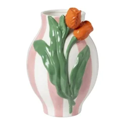 Xenos Vaas gestreept met tulp - roze/groen/oranje - ø16.6x24 cm- Vazen|Vazen