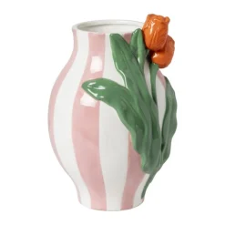 Xenos Vaas gestreept met tulp - roze/groen/oranje - ø16.6x24 cm- Vazen|Vazen