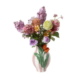 Xenos Vaas gestreept met tulp - roze/groen/oranje - ø16.6x24 cm- Vazen|Vazen