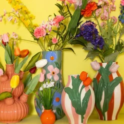 Xenos Vaas gestreept met tulp - roze/groen/oranje - ø16.6x24 cm- Vazen|Vazen