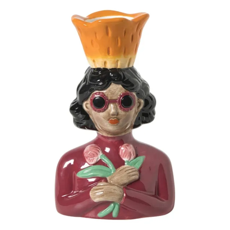 Xenos Vaas vrouw met bloemen - roze - 24.5x16.3x11.3 cm- Vazen|Vazen