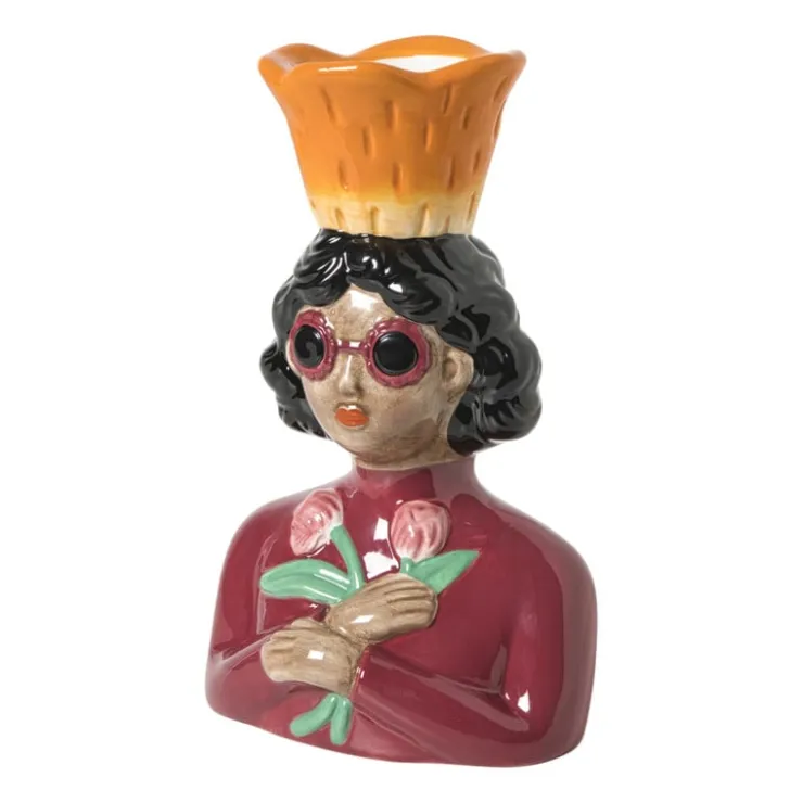 Xenos Vaas vrouw met bloemen - roze - 24.5x16.3x11.3 cm- Vazen|Vazen